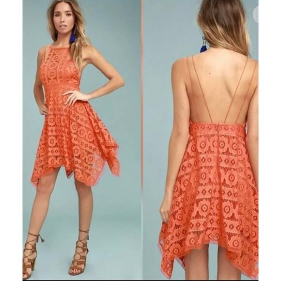 Free People Just Like Honey Mini Dress Size 2 Orange Lace Fully Lined‎ Halter - Picture 3 of 8